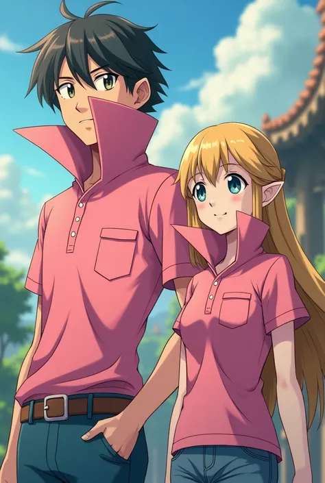 Anime Pokemon Trainer Prince, Zelda wearing a Pink Polo with a Massive Popped Collar Polo with a collar so high its taller than his head