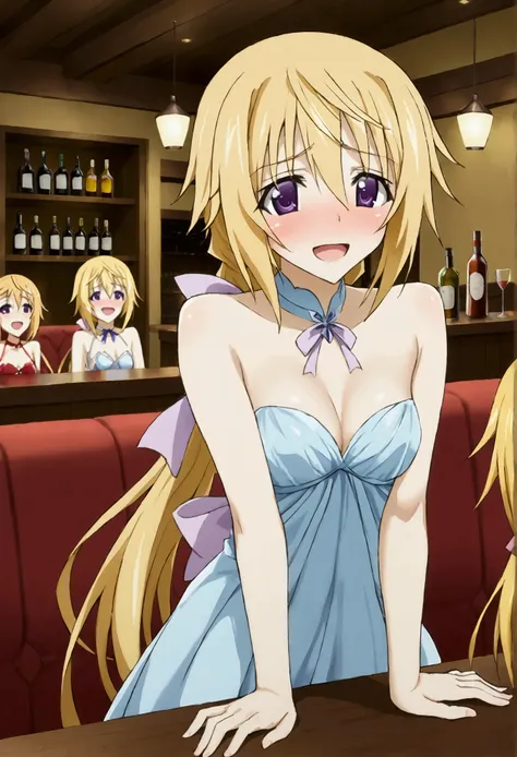 NSFW,masterpiece,Best Quality,High resolution,Very detailed,Charlotte Dunois(Infinite Stratos),Long Hair、Blonde Hair、ribbon、Purple Eyes、ponytail、ヘアribbon,Evening Dresses,Chest cut-in,Shy laugh,Embarrassed,blush,bar,Sofa,Low table
