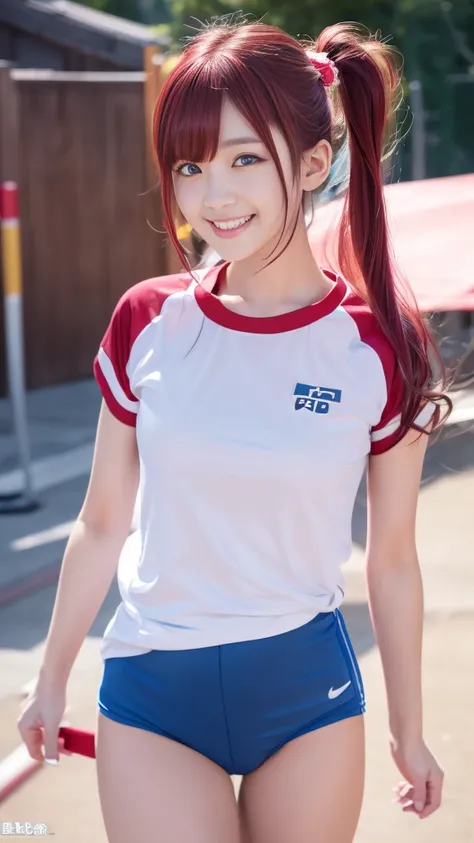 Realistic photos、18 years old、pretty girl、One Girl、(Realistic Skin:1.5)、（Fabric hair band on forehead、Metallic red headband、Thin hair band:1.3）、Blue eyes、Track and field、Gym clothes、Neon Yellow Hair、Showing his forehead、Twin tails、smile、Perfect white teeth...