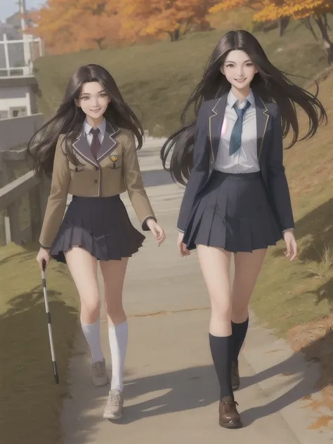 High school girl, medium chest, autumn uniform, walking down a slope, front angle, sunny, windy, smiling, dark hair, walking with two female friends 