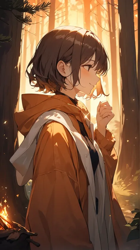 One Girl、Warm smile、Cozy hooded cloak、Short Wavy Hair、Small breasts、Relaxed posture、Gentle hands、The amber light reflected on my face BREAK The crackling sound of a bonfire、(Soft fire light):1.3、swaying flame、Glowing Embers、Warm orange tones、Soft Shadows、I...