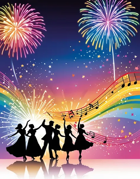 rainbow fireworks sparkling, Flat illustration, Vector art, silhouette art, shadows of intimate two men and women dancing the waltz, There are colorful notes drawn dancing, Flowing notes on a musical staff, Staff notation dancing in the wind, musical theme...