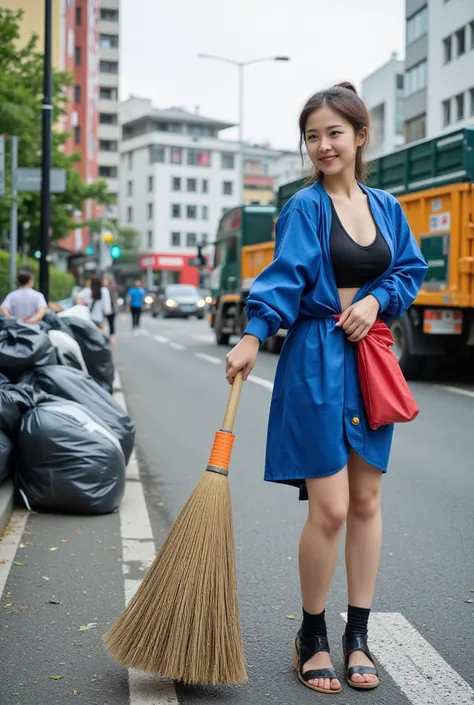 a pretty korean girl sweeping the trash in the city with a broom, her job is a street cleaner. she is very young, pretty and bea...