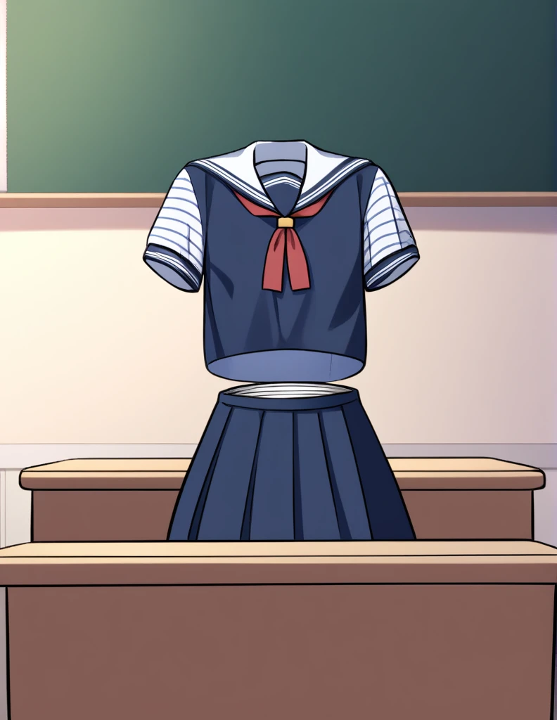 "a scene in a classroom with a headless navy blue school uniform placed on a desk as if someone were sitting in it. the uniform ...