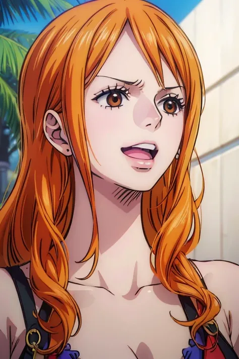  (Best Quality, 4K, 8k, High resolution, masterpiece:1.2), Super detailed, (Realistic, photoRealistic, photo-Realistic:1.37) ,Generate a realistic anime style of Nami from One Piece,Must be made in an anime style,A girl with very pale orange-yellow hair,Be...