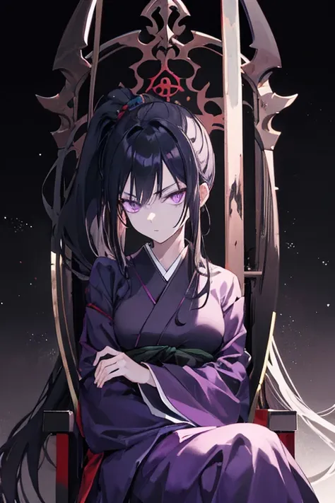 Create an image of a female character with long black hair, high ponytail and purple eyes , wearing long high neck japanese dress sitting on a dark, ominous throne, gazing downward with a cold, intimidating expression, similar to Sukuna from Jujutsu Kaisen...