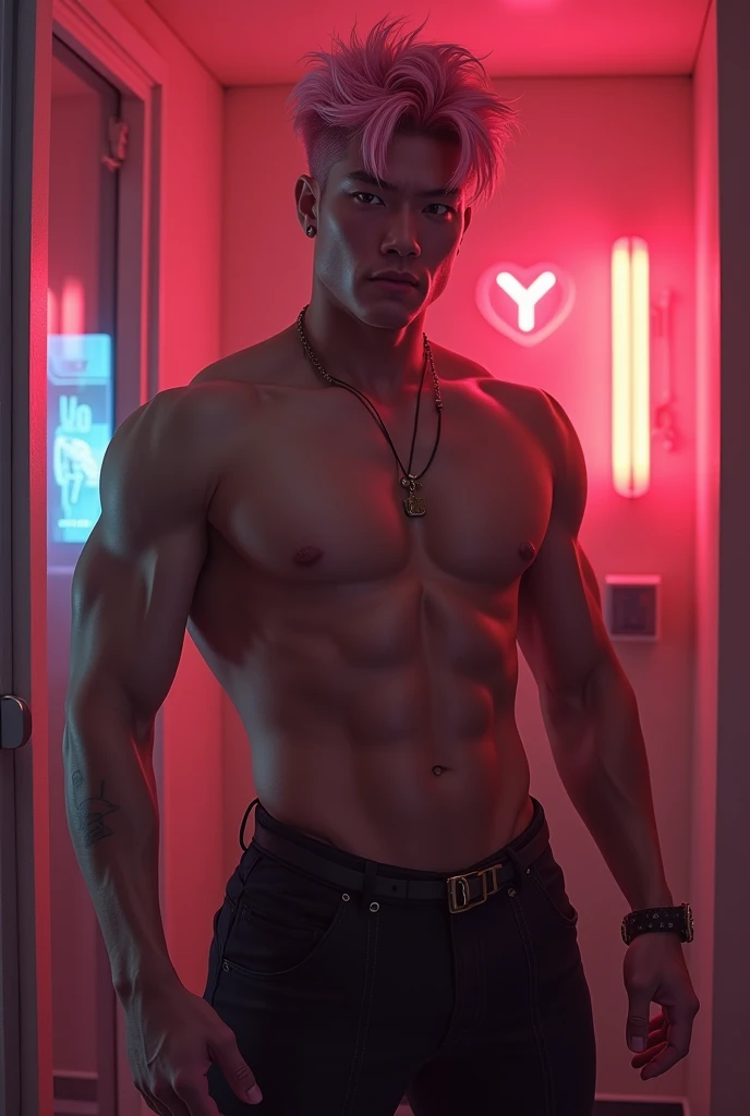 Hot Korean man with defined pink , shirtless , BDSM CLOTHE, front view, K-idol, hot , sexy , k-idol bdsm , BDSM, streeper  , motel room  , masterpiece  