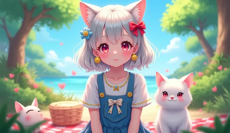 Pink eyes。Girl with white cat ears。Idol。Light grey medium curly hair。Red ribbon hair accessory。The costume is a T-shirt with a white ribbon and blue overalls.。Gold MYO embroidery on chest。The earrings are in the shape of a ribbon.。Background、It feels like ...