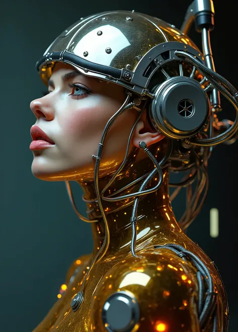 profile Photography, in front of a black wall, a cyborg woman head without body, connected by cables and wires and LED, an attractive transparent gold plexiglass body punk PLC Robots with silver motor head, with ray guns, 80 degree view, art by Sergio Lope...