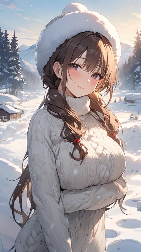 One Girl、A soft smile、Fluffy wool hat、Long hair tied up、Large Breasts、Wool sweater、Footprints in the snow、The crimson that shines on your cold cheeks BREAK First snow、(Gentle Light):1.1、Snow Falling Quietly、Footprints in the snow、Pale morning light、Shining...