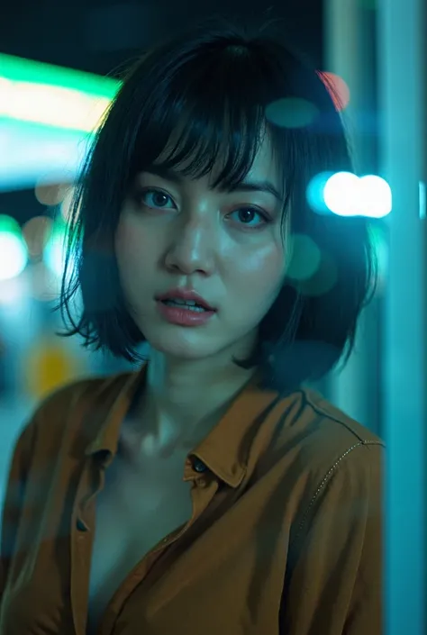 Ultra realistic analog film looks, ultra highly detailed, extremely high quality photo, dynamic angle shot, dramatic Portrait shot moment from through glass window there was a pretty indonesian woman with bob bangs hairstyle and wearing brown woolen blouse...