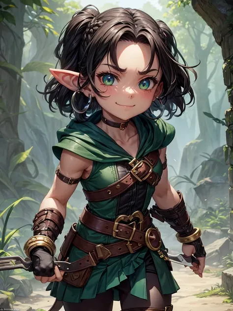 FULL body image a petite, athletic half-dwarf, half-human rogue standing just under four feet tall. She has a heart-shaped face with expressive eyes that shift between emerald green and stormy gray. Her dark brown, tousled hair falls in layers, often frami...