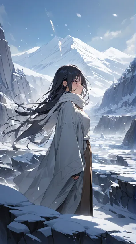 One Girl、Serious expression、Long Straight Hair、Medium Breast、A simple wool scarf、Standing in the cold wind、Red cheeks BREAK Snowstorm、(Strong winds):1.4、Violently flying snow、Intense white、Ice chips in the air、A cold, stinging wind、A quiet figure amidst in...