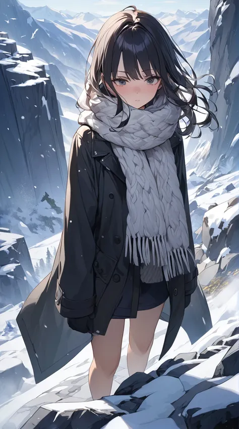 One Girl、Serious expression、Long Straight Hair、Medium Breast、A simple wool scarf、Standing in the cold wind、Red cheeks BREAK Snowstorm、(Strong winds):1.4、Violently flying snow、Intense white、Ice chips in the air、A cold, stinging wind、A quiet figure amidst in...