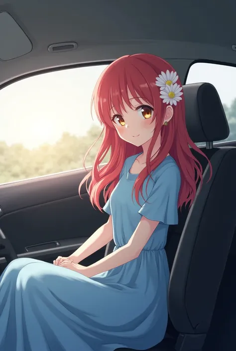 A1girl, Reddish heirs , she riding  the car she wear long dress blue coloured, Smile, normal eyes Hood, Hair Flower, 