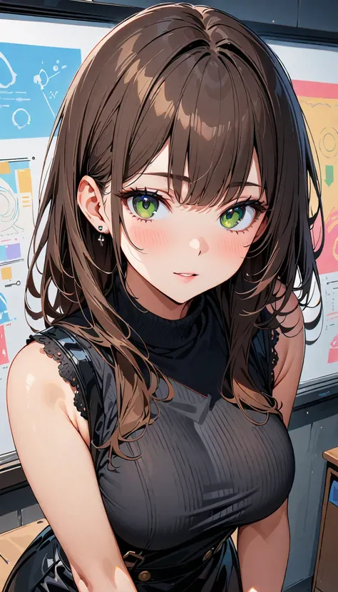 (((Best Quality, Super detailed, (Ultra-high resolution,8k), Ultra-high definition 4K))), A young, seductive (((big-breasted))) female teacher in her late 20s, with long, wavy brown hair and piercing green eyes, wearing a sheer, (((lace-trimmed, gray sleev...