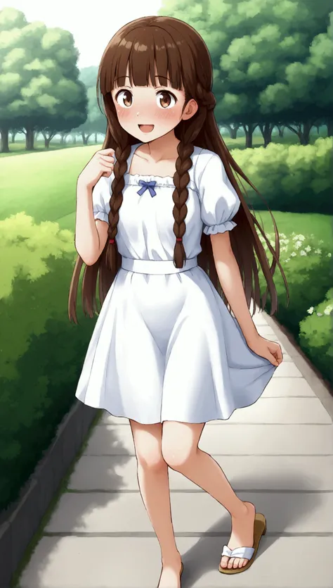 {Best Quality}, {Very beautiful},{Ultra fine},{Best illustration},Brown Hair,Hime cut,Long Hair,Braids,Walking woman,Excited face,Short sleeve,skirt,Bare feet in sandals,In the park,Blushing,Slender,Spread your legs,skirtをめくる,From above,Blushing,Sulky face...