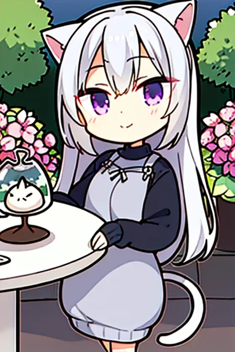 Perfect face. Perfect hands. A young silver haired woman with violet eyes and an hourglass figure with silver cat ears and a silver cat tail in a sweater dress is setting a bouquet a nice table in a garden with a big smile
