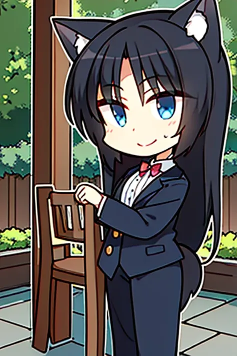 Perfect face. Perfect hands. A handsome black haired man with blue eyes and a navy wolf ears and wolf tail in Gothic suit is setting up chairs in the garden with a big smile
