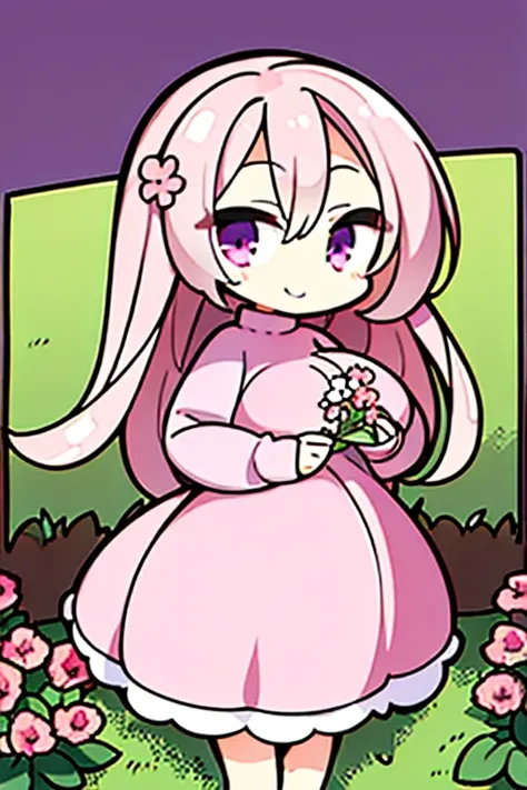 Perfect face. Perfect hands. A pregnant pink haired woman with violet eyes and bigger breasts in a sweater dress is picking flowers in a garden with a big smile