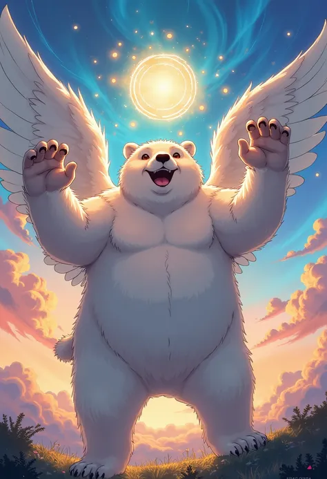 chibi, angel, a plump middle-aged polar bear man, angel wings, happy, light smile, rushing wind, hold with both hands quantum el...