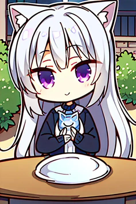 Perfect face. Perfect hands. A young silver haired woman with violet eyes and an hourglass figure with silver cat ears and a silver cat tail in a sweater dress is setting a bouquet a nice table in a garden with a big smile