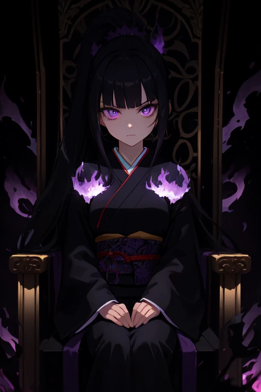 Create an image of a female with Long Flowy black hair, blunt bangs,high ponytail and purple eyes , wearing long high neck japanese dress sitting on a dark throne, gazing downward with a cold, intimidating expression . Her eyes should glow with an eerie, o...