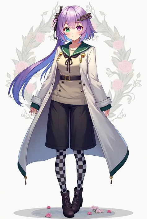 1woman, Long white coat, V-neck sweater, Cleric Shirt, Green collar, Ribbon tie, Black culottes, Checkered Stockings, leg belt, Ankle-length short boots, 2 hair colors, heterochromia, green eyes, purple eyes, huge breasts, light smile, bright pupils, anime...