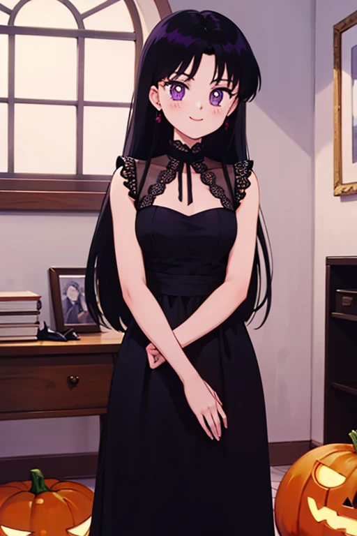 1 girl, solo, Rei Hino, Long Black Hair, Purple eyes, a red maxi flamenco dress, smile, living room, indoors cowboy shot, facing viewer, absurdres, ultra detailed, masterpiece, best quality, Teenager, window of a Halloween night, arms at sides.
