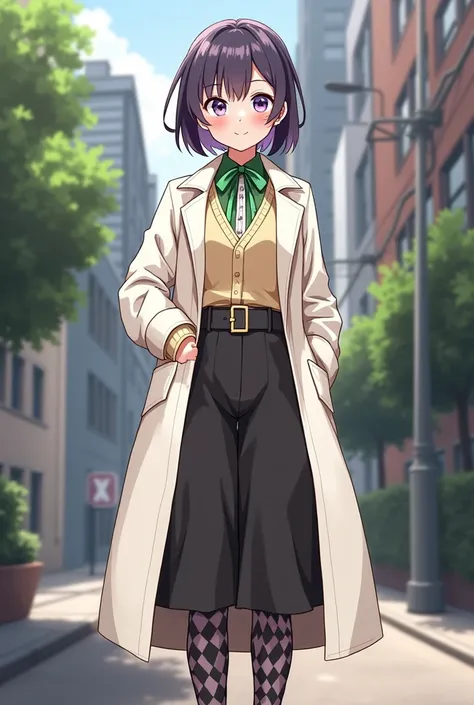 1house wife, Long white coat, V-neck sweater, Cleric Shirt, Green collar, Ribbon tie, Black culottes, Checkered Stockings, leg belt, Ankle-length short boots, 2 hair colors, heterochromia, green eyes, purple eyes, huge breasts, light smile, bright pupils, ...