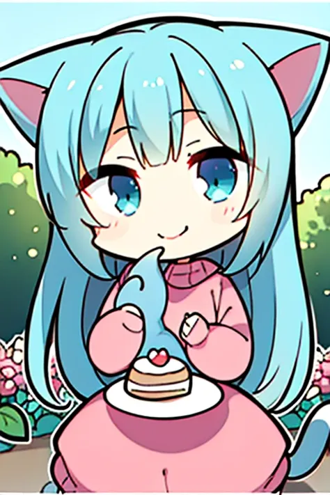 Perfect face. Perfect hands. A light teal haired woman with red and blue eyes with teal cat ears and a teal cat tail in a sweater dress is eating a slice of cake in a garden with a big smile