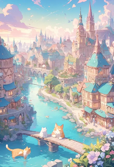 cute and gentle world of soft, fluffy, pastel colors, fantasy art, two friendly cats, various buildings, various flowers and trees, rivers, and cityscapes.