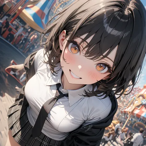 (Best Quality),(masterpiece),(Super detailed),(8k),(32K),(Perfect Anatomy),(Perfect hands),One Girl、Short black hair、smile、(Small breasts)、(White ribbon:1.1)、(Open black hoodie:1.1)、(White dress shirt:1.1)、(Black regular tie:1.1)、(black plaid mini skirt:1....