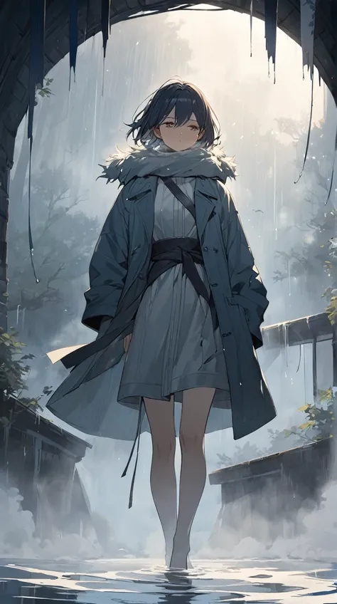 One Girl、A slightly anxious look、Short Hair、Small breasts、Wrapped in a coat、Standing alone in the fog、A figure disappearing into the mist BREAK Fog、(Drifting Fog:1.2)、Silent flowing mist、The surroundings are dimly visible、Moist air、The cold wind carries th...