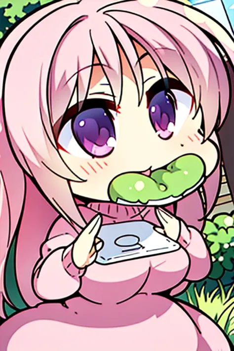 Perfect face. Perfect hands. A pregnant pink haired woman with violet eyes and bigger breasts in a sweater dress is eating cake in a garden with a big smile