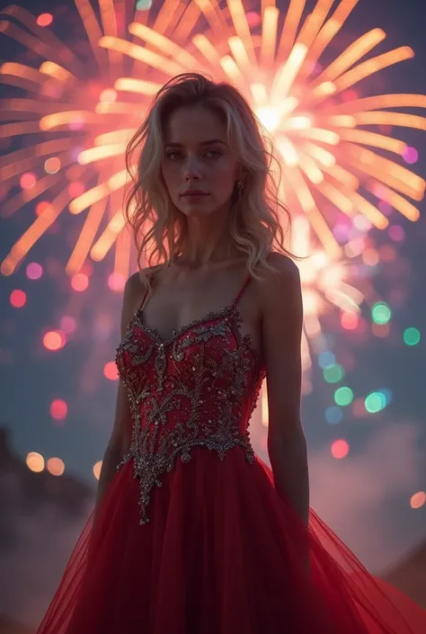 a beautiful girl in an elegant evening gown, standing in front of a colorful fireworks display, highly detailed face and dress, detailed fabric textures, dramatic lighting, cinematic composition, vibrant colors, fantasy, intricate patterns, magical, ethere...