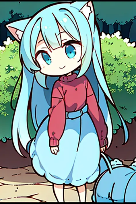 Perfect face. Perfect hands. A light teal haired woman with red and blue eyes with teal cat ears and a teal cat tail in a sweater dress is leaning forward in a garden with a big smile

