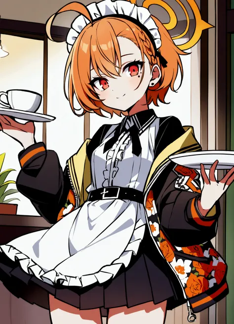 score_9, score_8_up, score_7_up, source_anime, 
cute girl, 
mikamo_neru, red eyes, mole under eye, orange hair, short hair, huge ahoge, asymmetrical bangs, braid, stud earrings, halo,
maid headdress, jacket, sukajan, long sleeves, floral print, off shoulde...