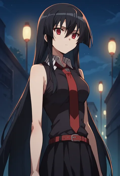 1girl,solo,akame, long hair, black hair, red eyes, hair between eyes,
skirt, dress, necktie, sleeveless, belt, shirt, black shir...