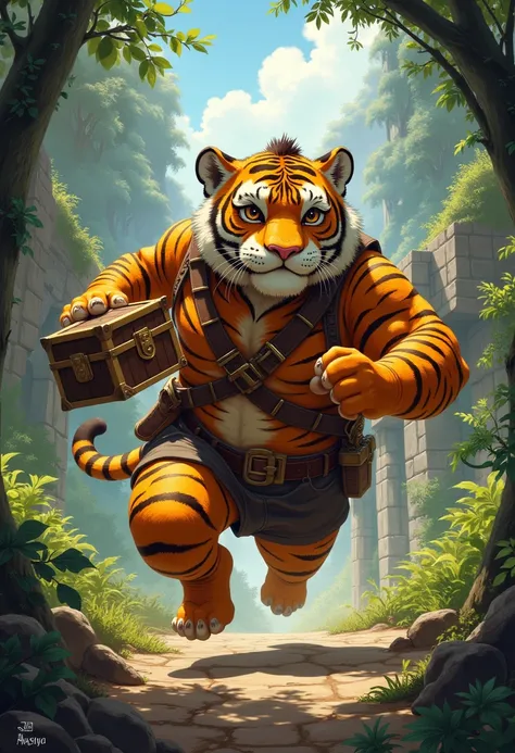 treasure hunter, a plump middle-aged clothing tiger man, costume, hat, half pants, holding treasure chest, run away, running thr...