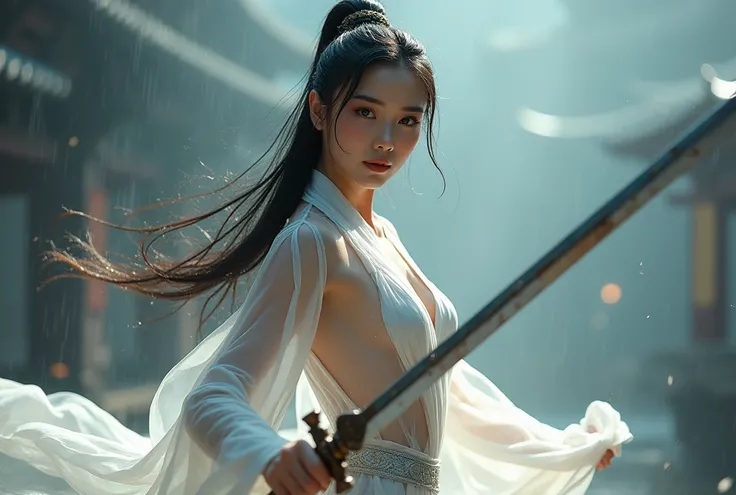 (((Full body))), Score_9, score_8_up, score_7_up,(looking at viewer, front facing viewer), digital art ilustration, depth of field, cinematic light, chiarosaurio, mist, particles, sparks,reflections, beautiful Chinese Wuxia woman with big breasts in reveal...