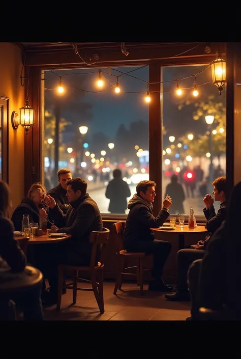 Cozy busy cafe, view front outside, night view, lighting, photography, details, bokeh