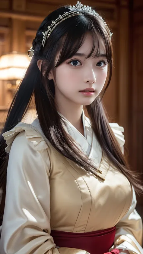 ((masterpiece, Best Quality, High resolution)), Japanese Princess、(Realistic: 1.4), Great face,Pointed Mouth、With a pout、Glossy wet lips、Age 15, Twin tails、(Beautiful Hair:1.5), Beautiful royal outfits、Tiara、Beautiful body、Beautiful breasts、Beautiful legs、...