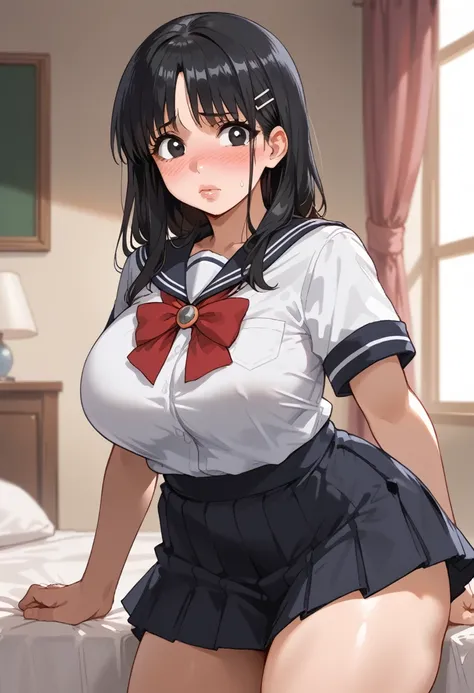 (1girl:1.3), Masterpiece, Best quality, amazing beauty, 4K, absurdres, finely detail, super detailed eye, perfect anatomy, official art, cinematic lighting, BREAK, bedroom:1.5, silky half up hair, (black hair:1.5), super shiny detailed black eye, tareme, f...