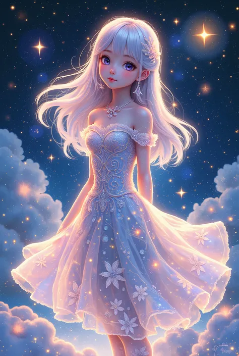 anime girl beauty in elegant dress full length, with clear detailing, background sky and stars twinkle across the sky as animals...