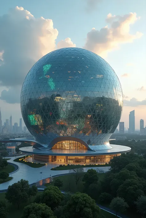 A highly detailed and photorealistic exterior view of a museum in the shape of a globe, (best quality,4k,8k,highres,masterpiece:1.2),ultra-detailed,(realistic,photorealistic,photo-realistic:1.37),HDR,UHD,studio lighting,extreme detail description,professio...