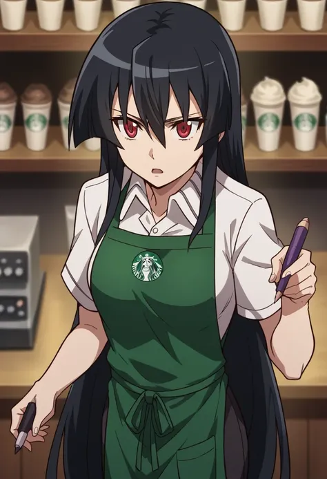 1girl,solo,akame, long hair, black hair, red eyes, hair between eyes, starbuni, emblem,green apron,starbucks, holding pen, from ...