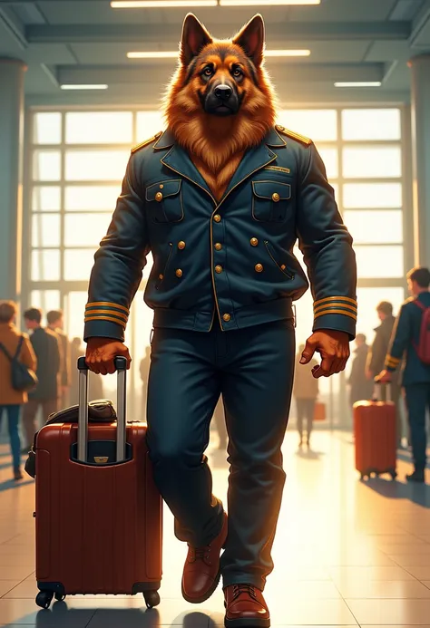 airline pilot, a muscular middle-aged clothing german shepherd man, airline hat, airline black color suit, trolley case, walking...