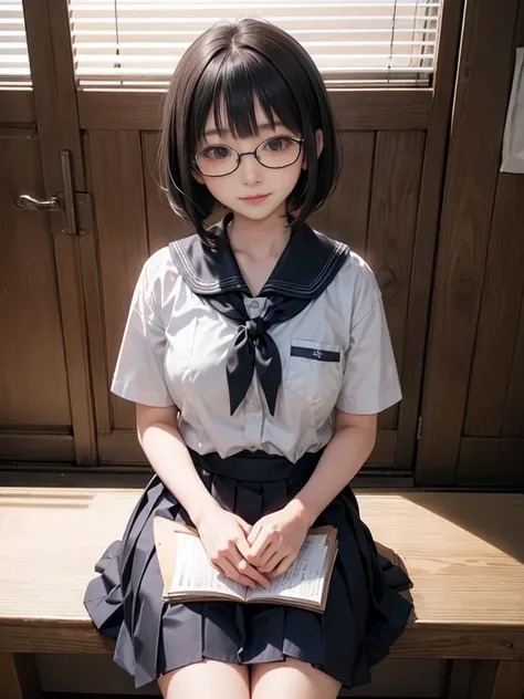 japanese women, , (black short bob hair), plump body, black eyes,(wear rimless glasses) japanese school girl uniform, (he&#39;we...