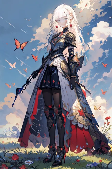 ((Best Quality)), ((masterpiece)), (detailed),Butterfly Style,Woman holding a long sword,White Hair,Long Hair,Side braid,Asymmetrical bangs,blue eyes,Red lips,Flower Earrings,Slim figure,Tall,Flower Armor,Sleeveless,mini skirt,pantyhose,High Heel Greaves,g...